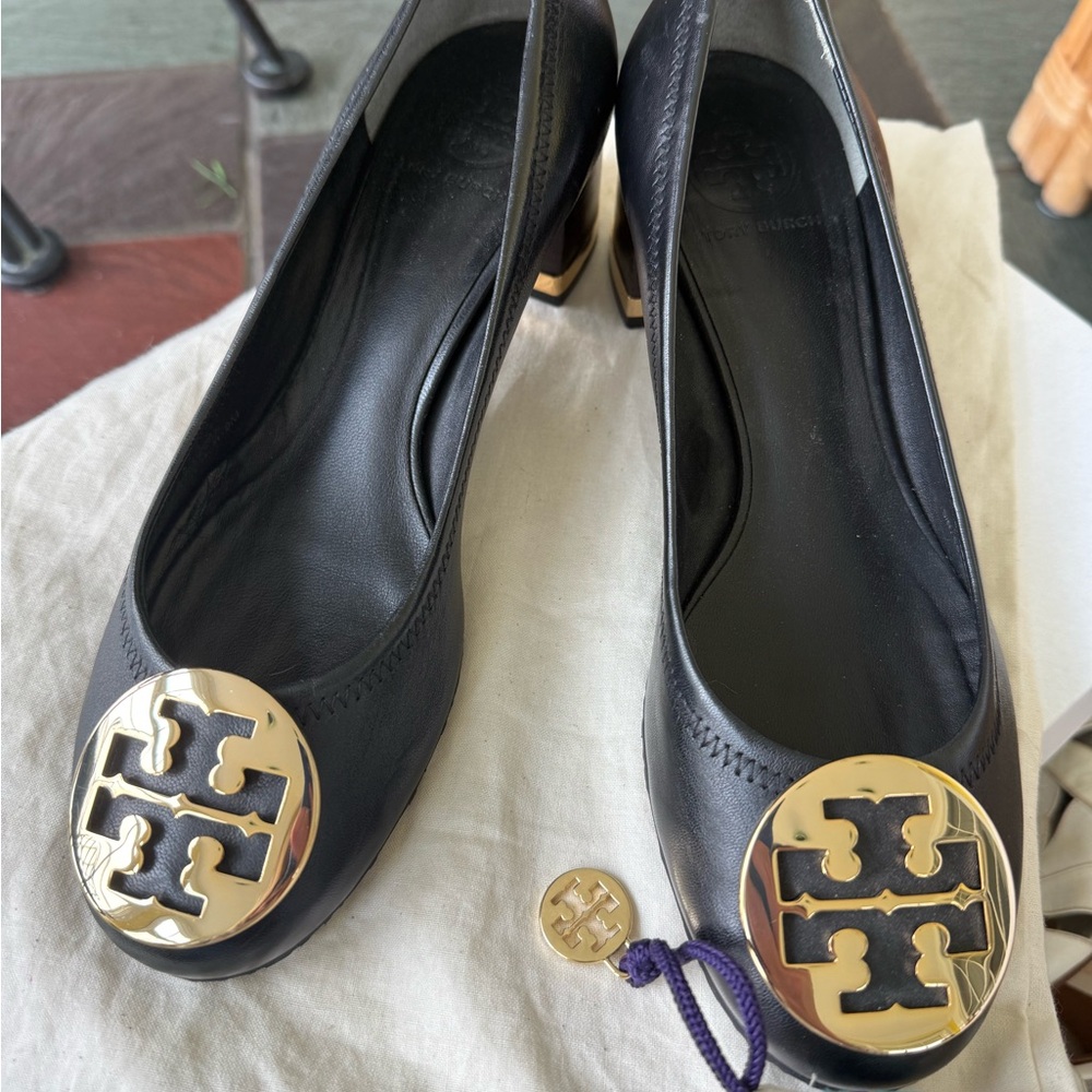 Tory Burch Black and Gold Flats with Iconic Logo